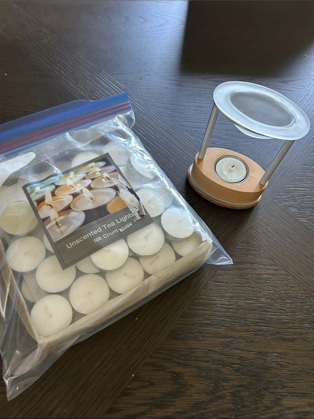 White Tea Light 100 Candles with Wooden & Glass Tea Light Holder